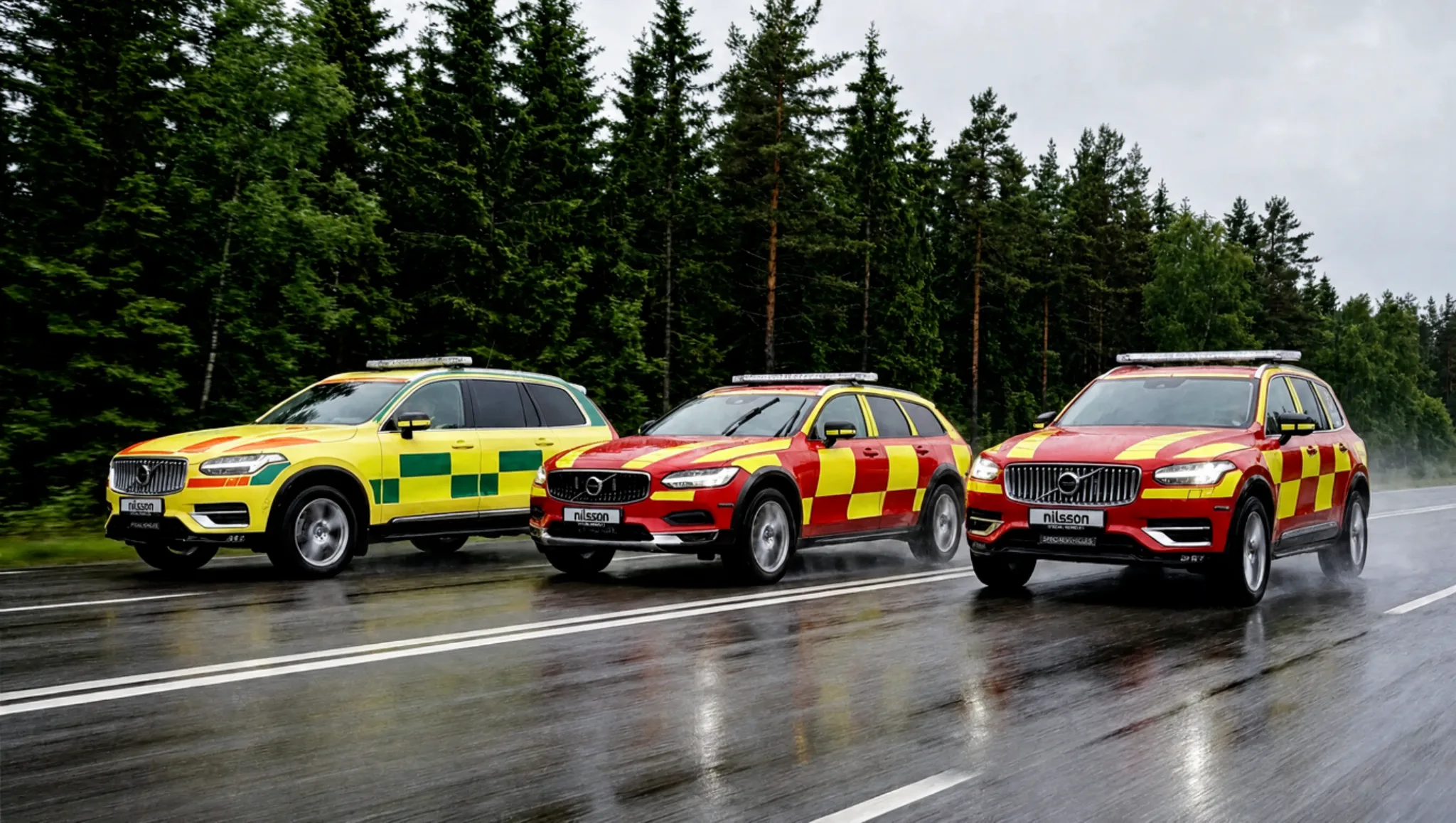 Three Nilsson command vehicles on a wet road: XC90 for EMS, V90 Cross Country and XC90 for fire and rescue