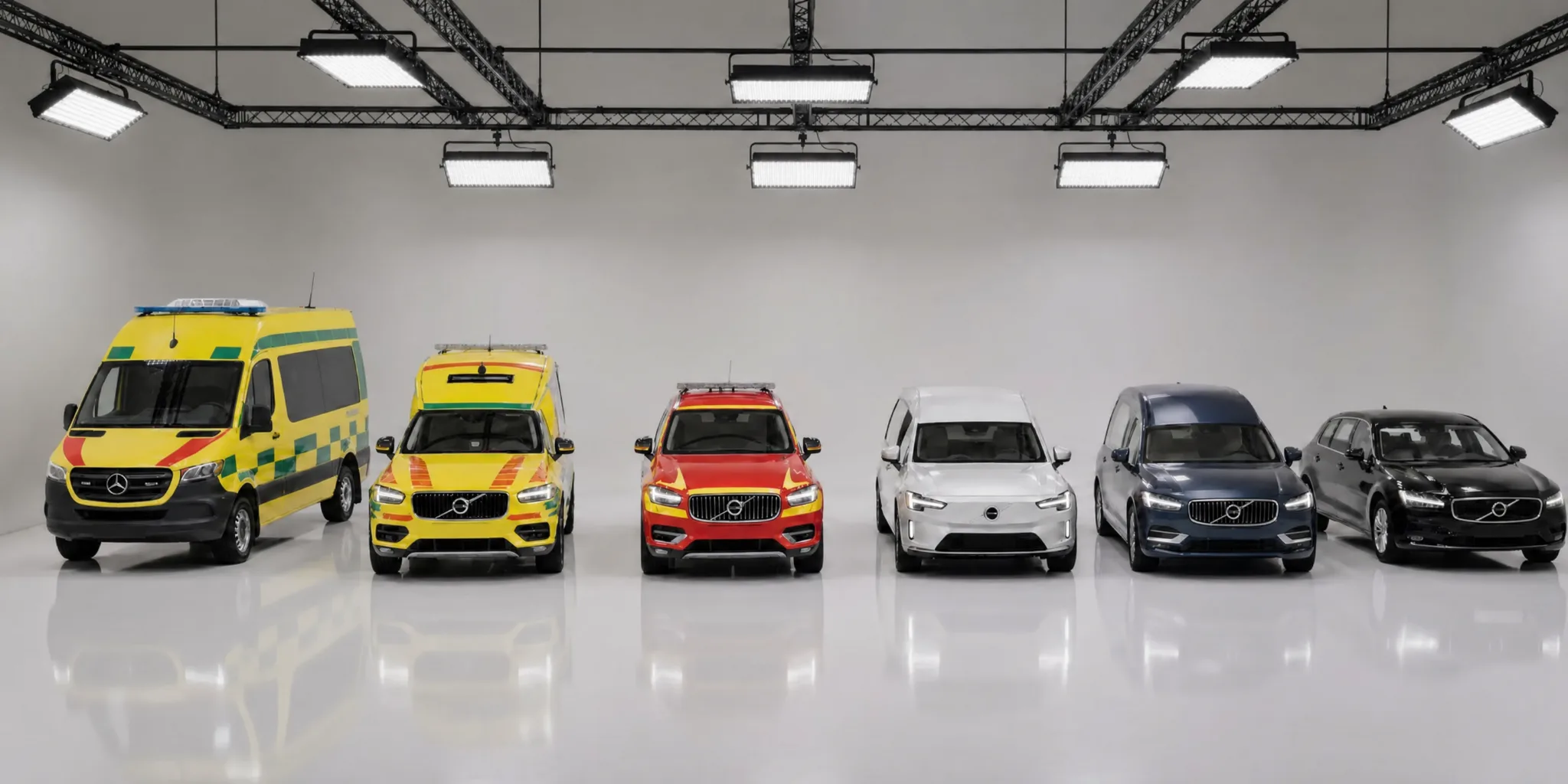 Nilsson special vehicles lined up: ambulances, command vehicles and hearses